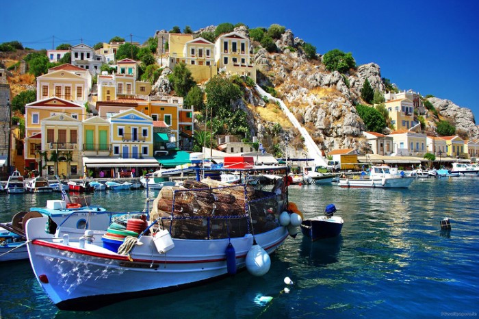 Symi island, a view of Yalos port; fishing boat